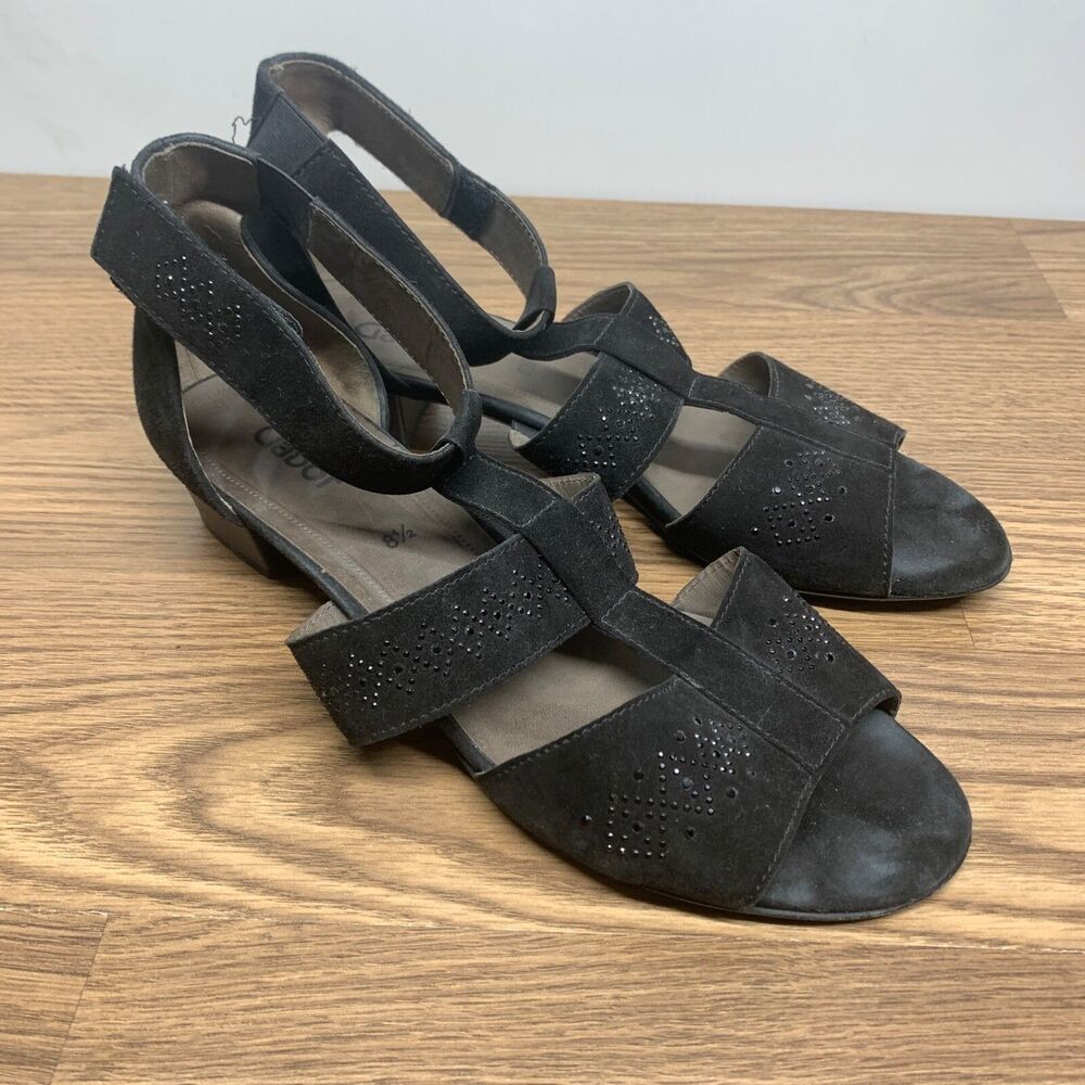 Gabor Ankle Strap Caruso Sandals Black Suede Metallic Leather Women 8.5UK 10.5US